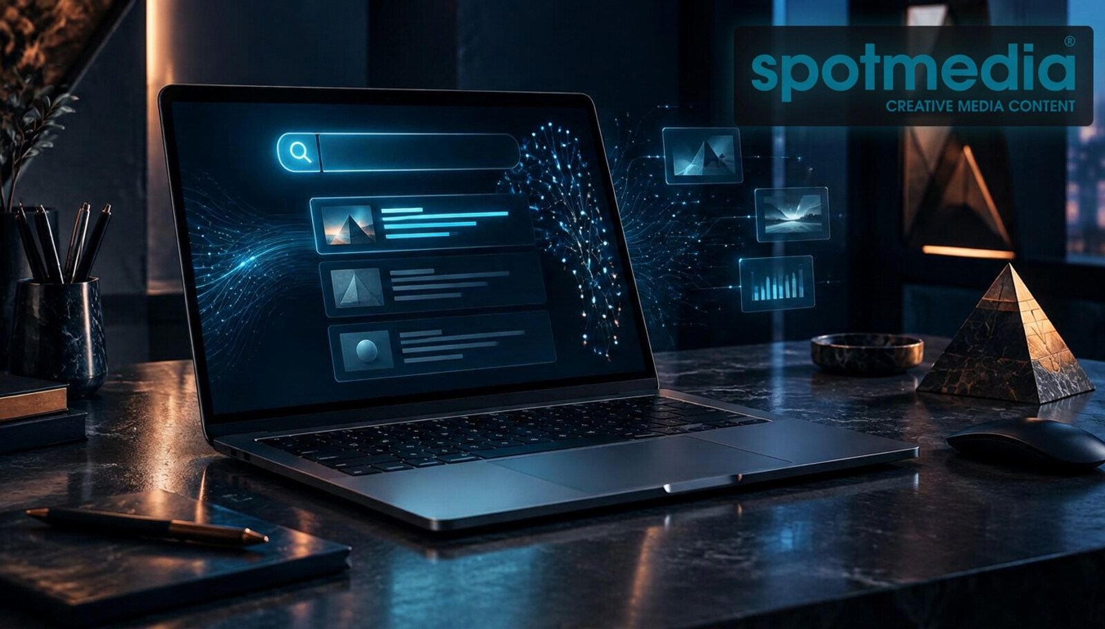 Laptop showing search and AI visibility analytics for spotmedia's new service